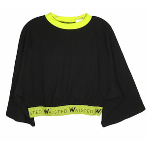 Waisted  Crop Top Womens Large Black Neon Yellow Trim Elastic Band Athletic